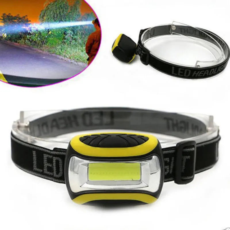 Yellow plastic three-speed COB headlamp with adjustable head strap for outdoor activities