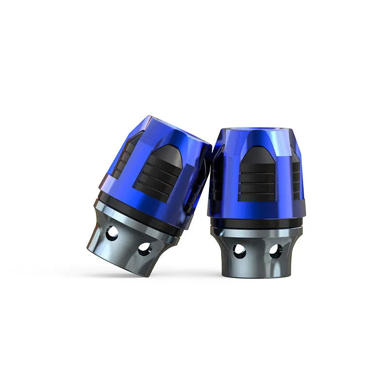 A pair of anodised aluminium fork cups for motorcycle and electric car front axles, shown in a selection of colours.