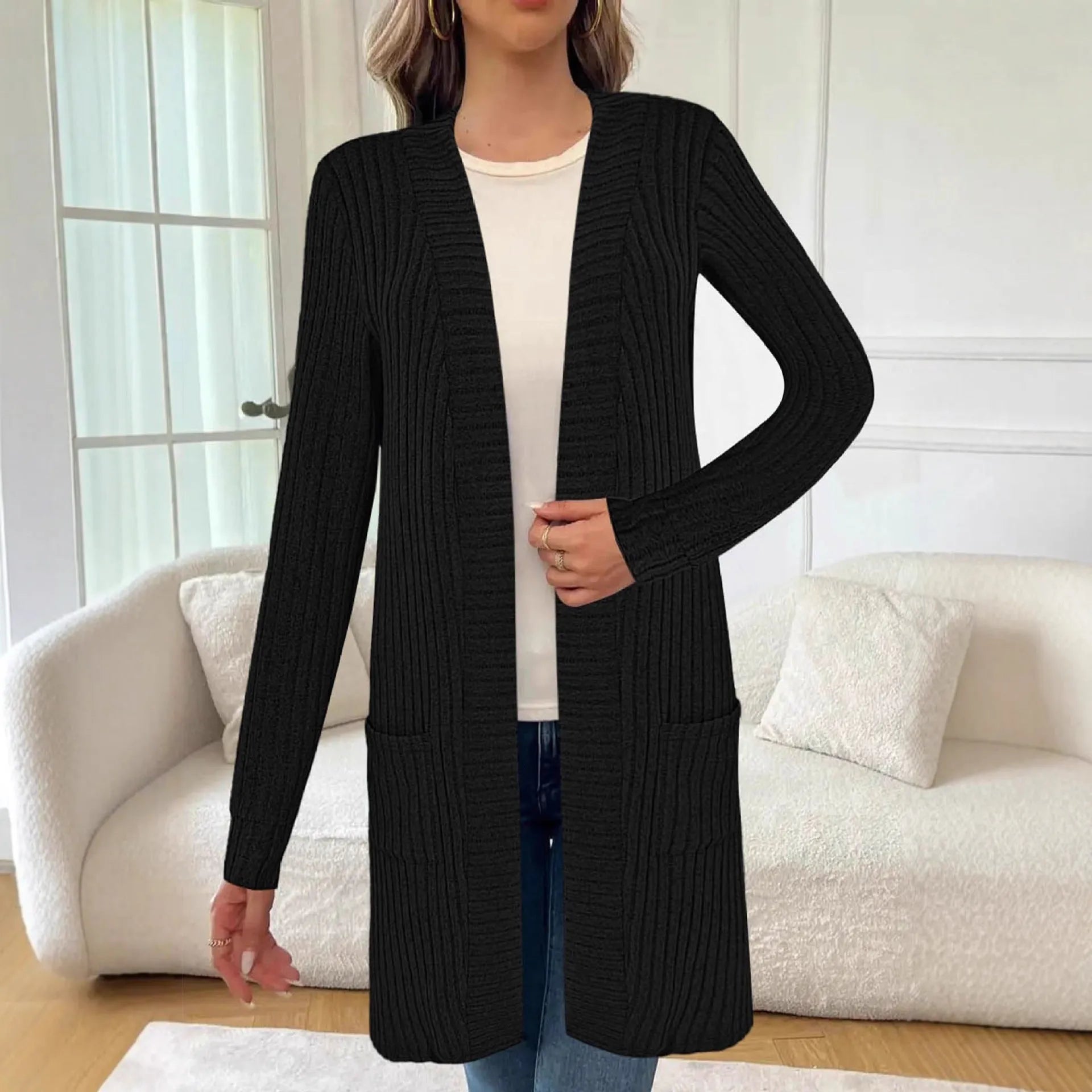 Long sleeve loose fit knitted cardigan jacket with pockets in polyester fabric
