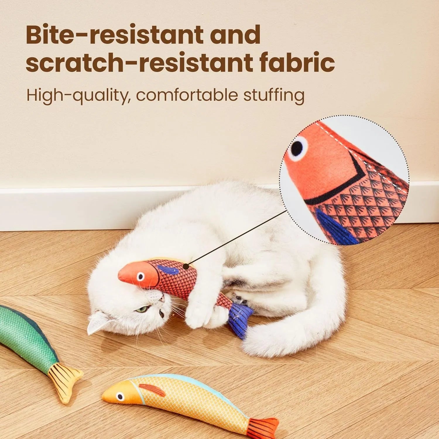 Soft plush fish-shaped cat toy with organic catnip filling in green, orange and yellow colour options