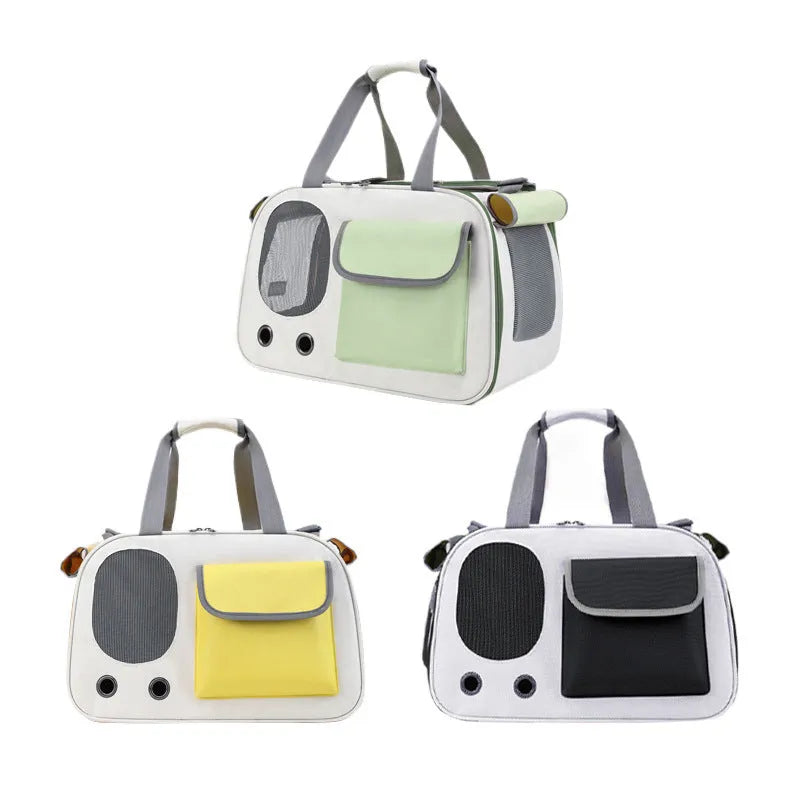 A foldable single shoulder pet bag in canvas, shown in yellow, green, and black colour options.