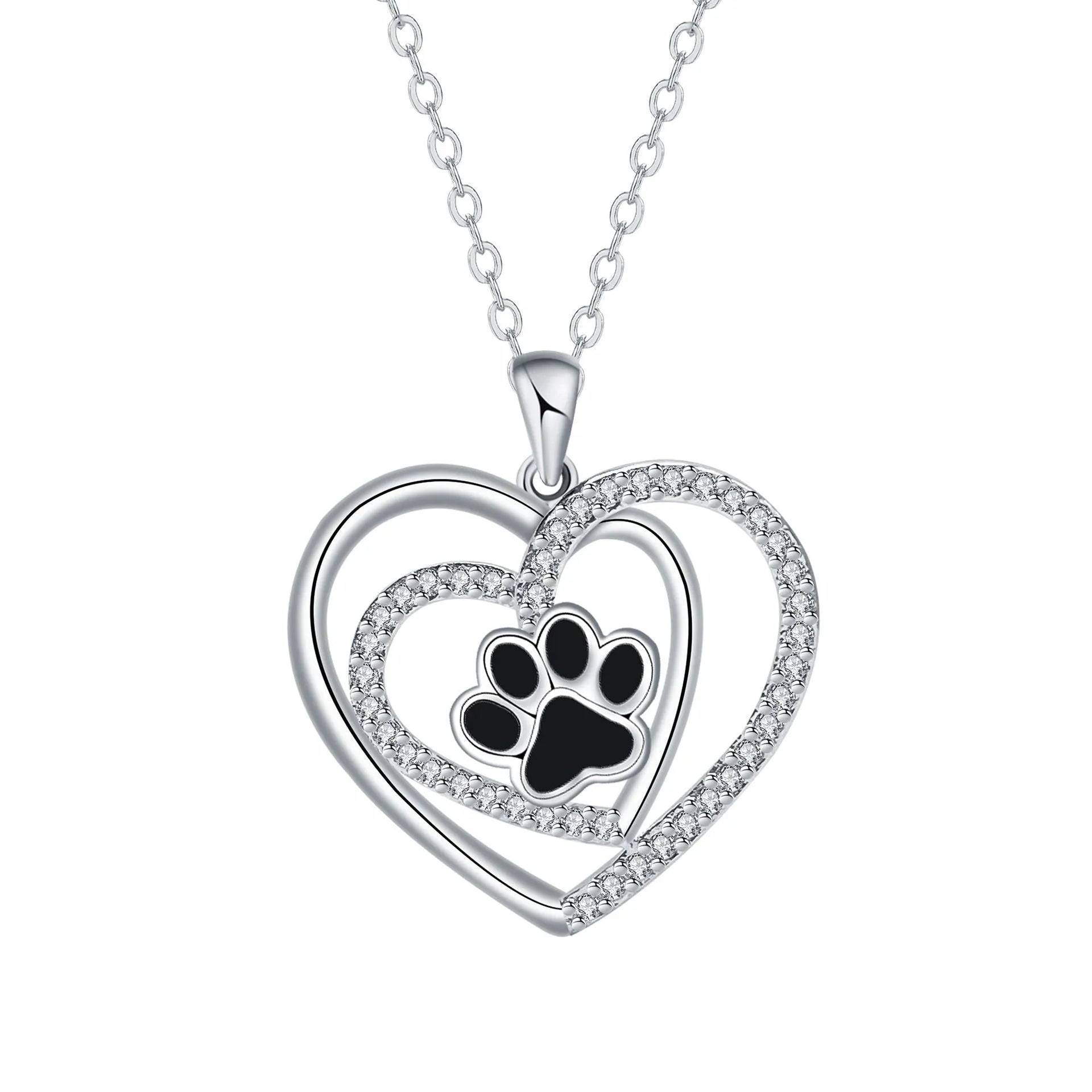 Dog paw print necklace with heart-shaped pendant on cross chain for women