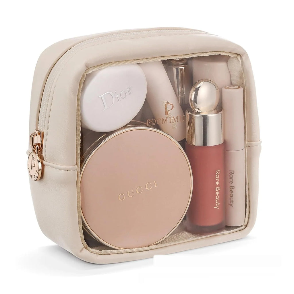 Transparent PVC leather cosmetic bag showing interior organisation and dry wet separation compartments.