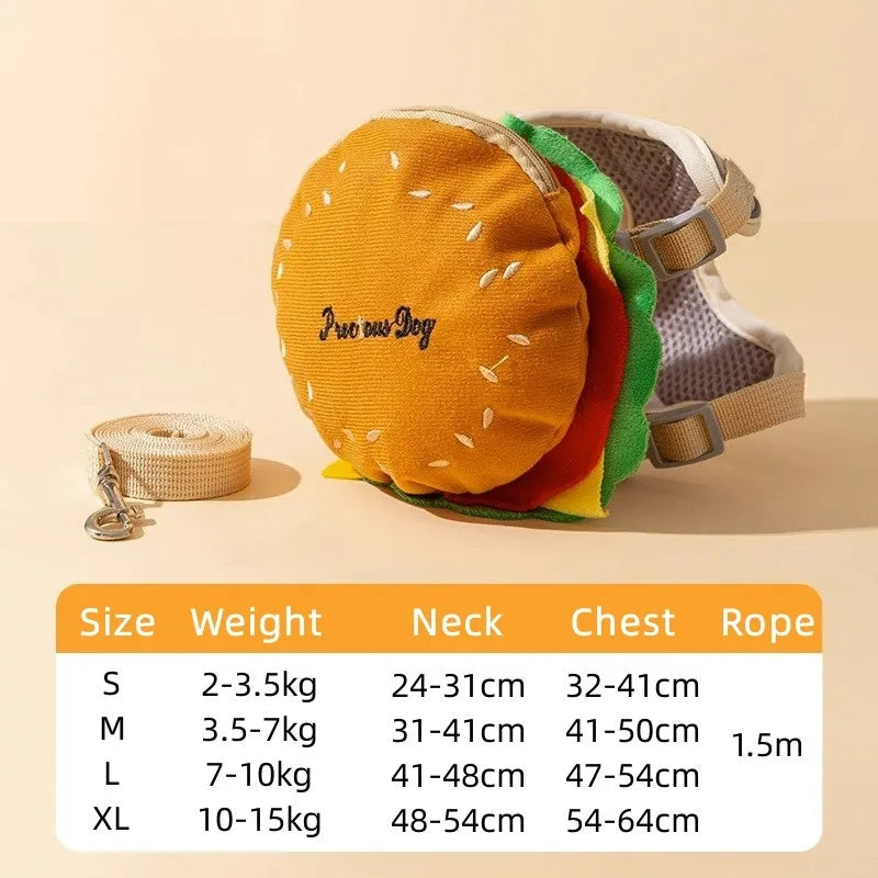 Burgundy red and blue cartoon hamburger chips design pet walking vest with leash and backpack