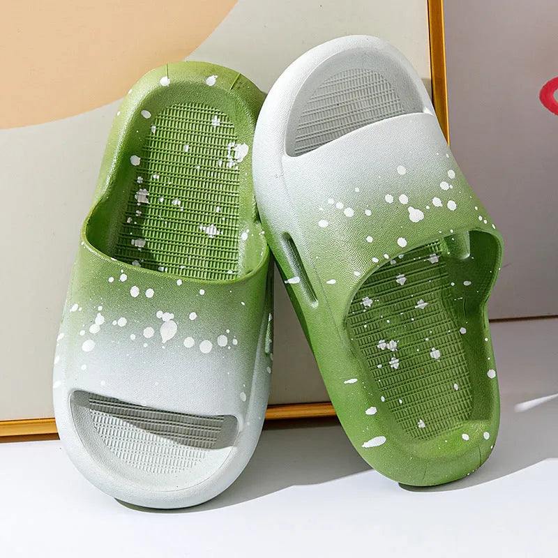 Gradient colour PVC slippers for children on a white background, showing European style design.