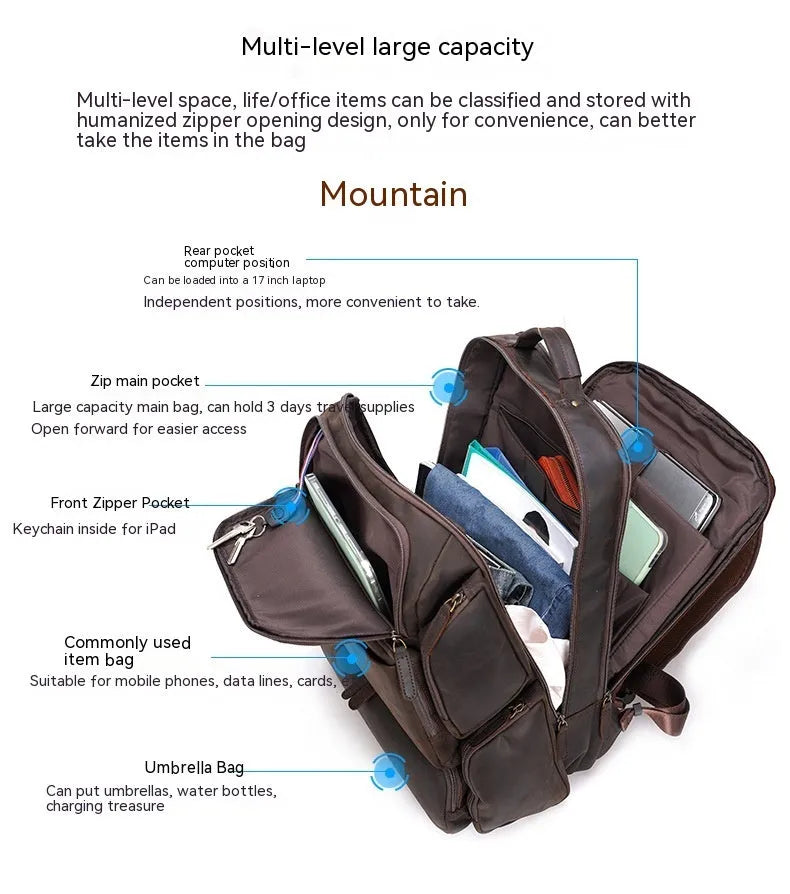 Dark brown men's genuine leather backpack for a 17-inch computer with retro crazy horse texture.
