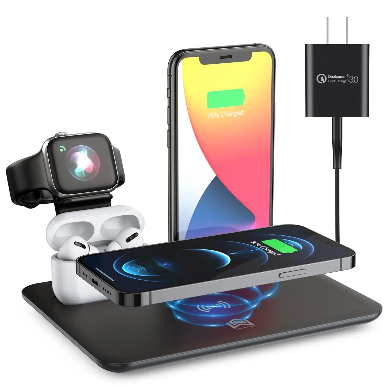 Black and white desktop charging station for wireless phone, watch, and headphone charging with USB cable.