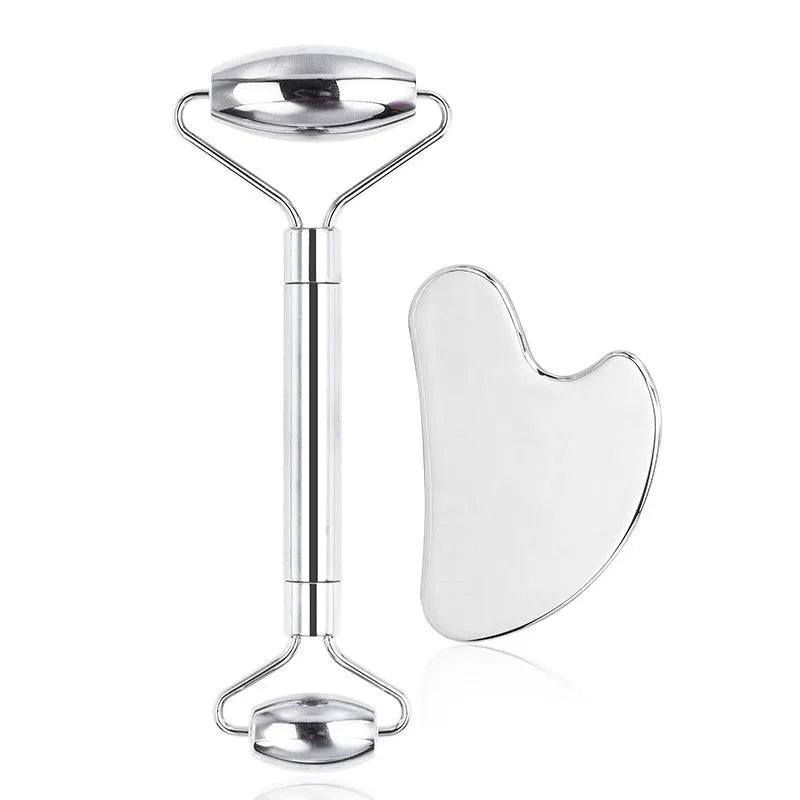 Stainless steel facial massage set with double-headed roller and heart-shaped scraping plate