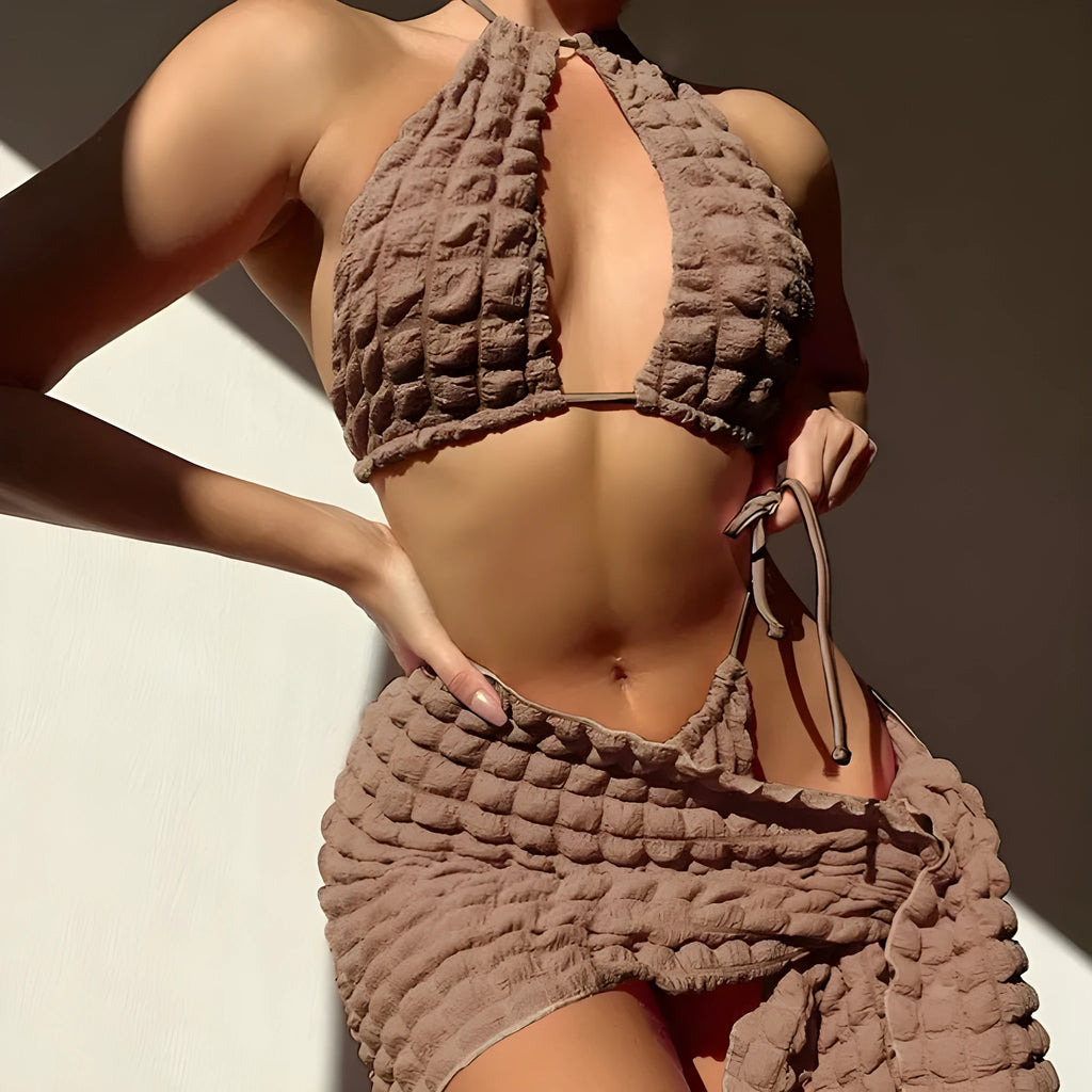 Brown seersucker three-piece bikini with lace-up top, pants, and skirt for women