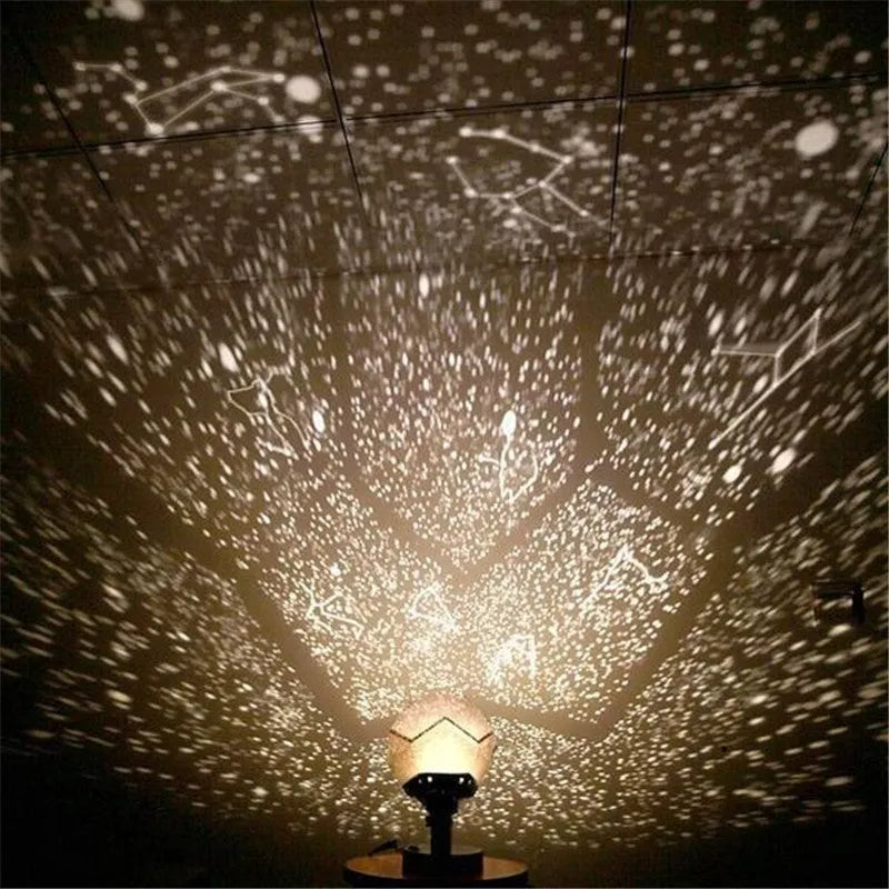 LED star projector night light showing constellation projection on a bedroom ceiling with remote control.