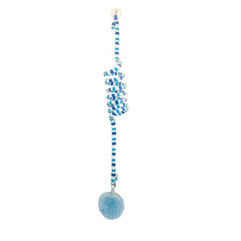 Spring-mounted inflatable ball cat toy with bell stick and suction cup attachment in various colours