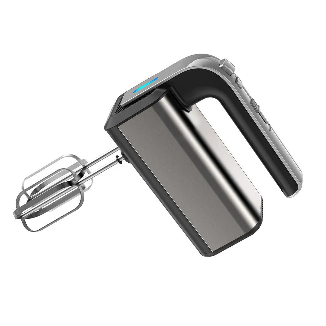 Silver household electric whisk with five speed settings and handheld operation