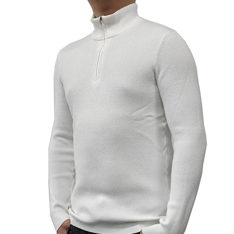 Man wearing a gray half-turtleneck zip sweater in British style for casual leisure wear.