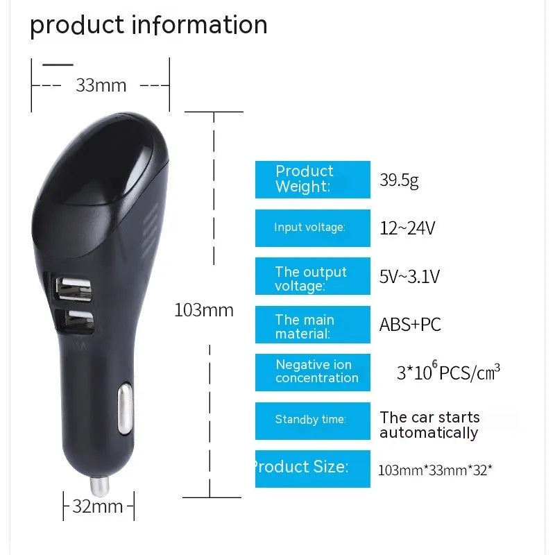 White car USB charger with integrated negative ion air purifier measuring 103mm