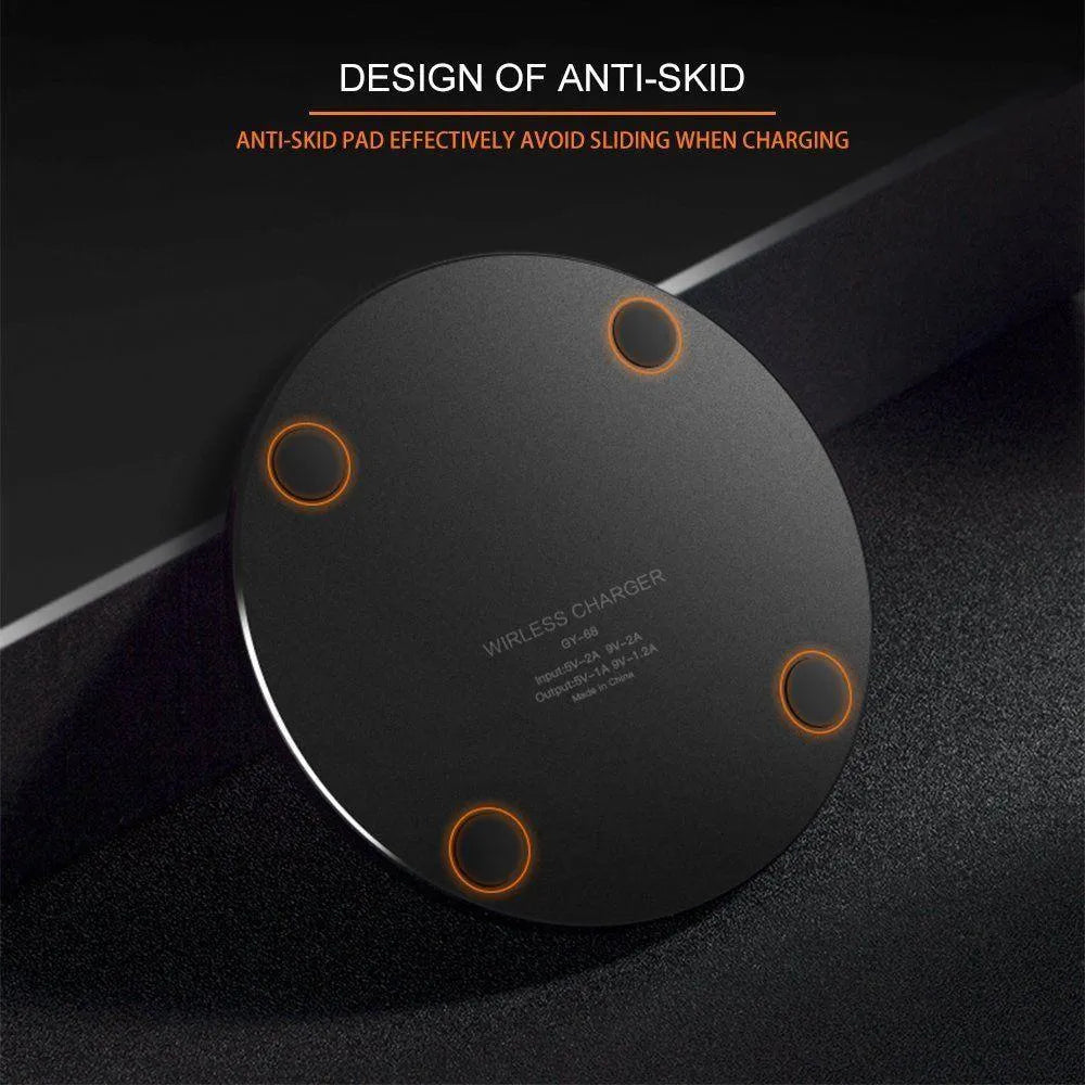 Black square ultra-thin wireless charging pad for smartphones with fast 9V Qi charging.