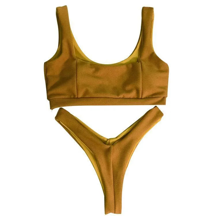 Bikini split swimsuit with chest pad in pink cotton blend fabric pullover style