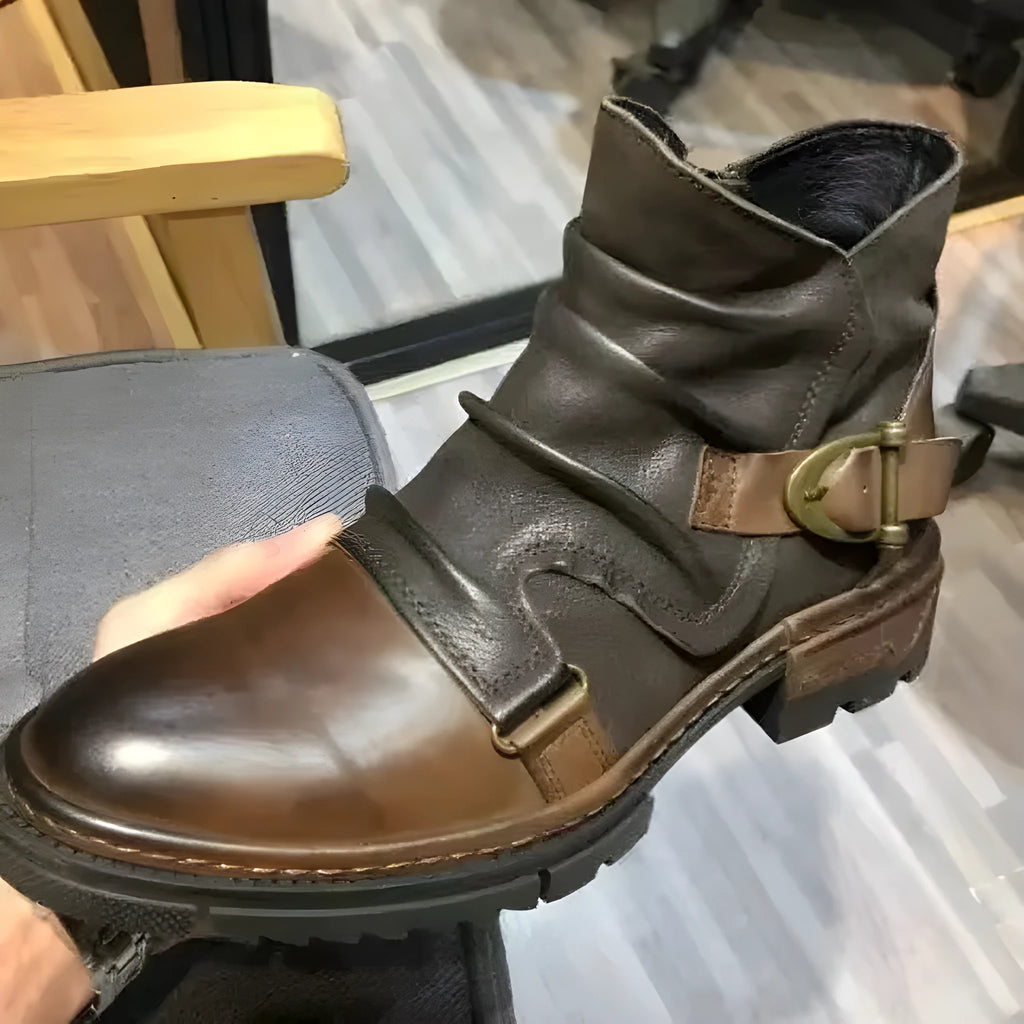 Large size square heel high-top men's boots in brown colour with stitching and low tube design