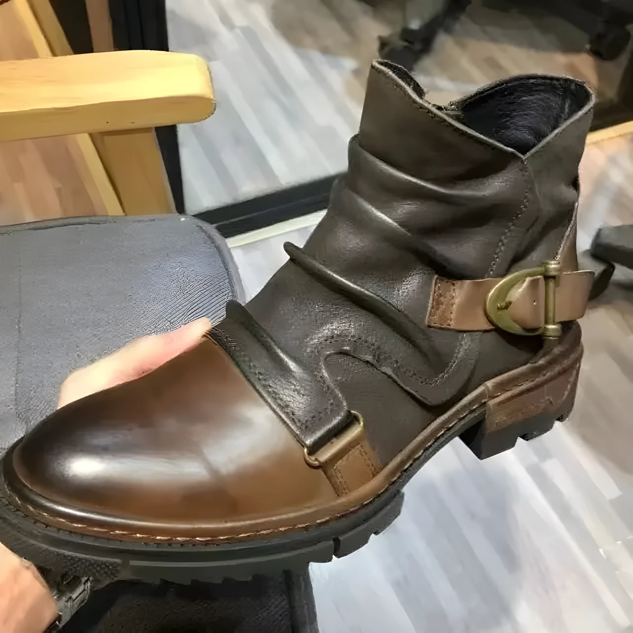 Large size square heel high-top men's boots in brown colour with stitching and low tube design