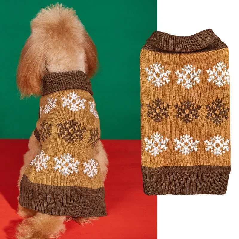 Dog wearing brown and grey Christmas sweater with snowflake pattern design