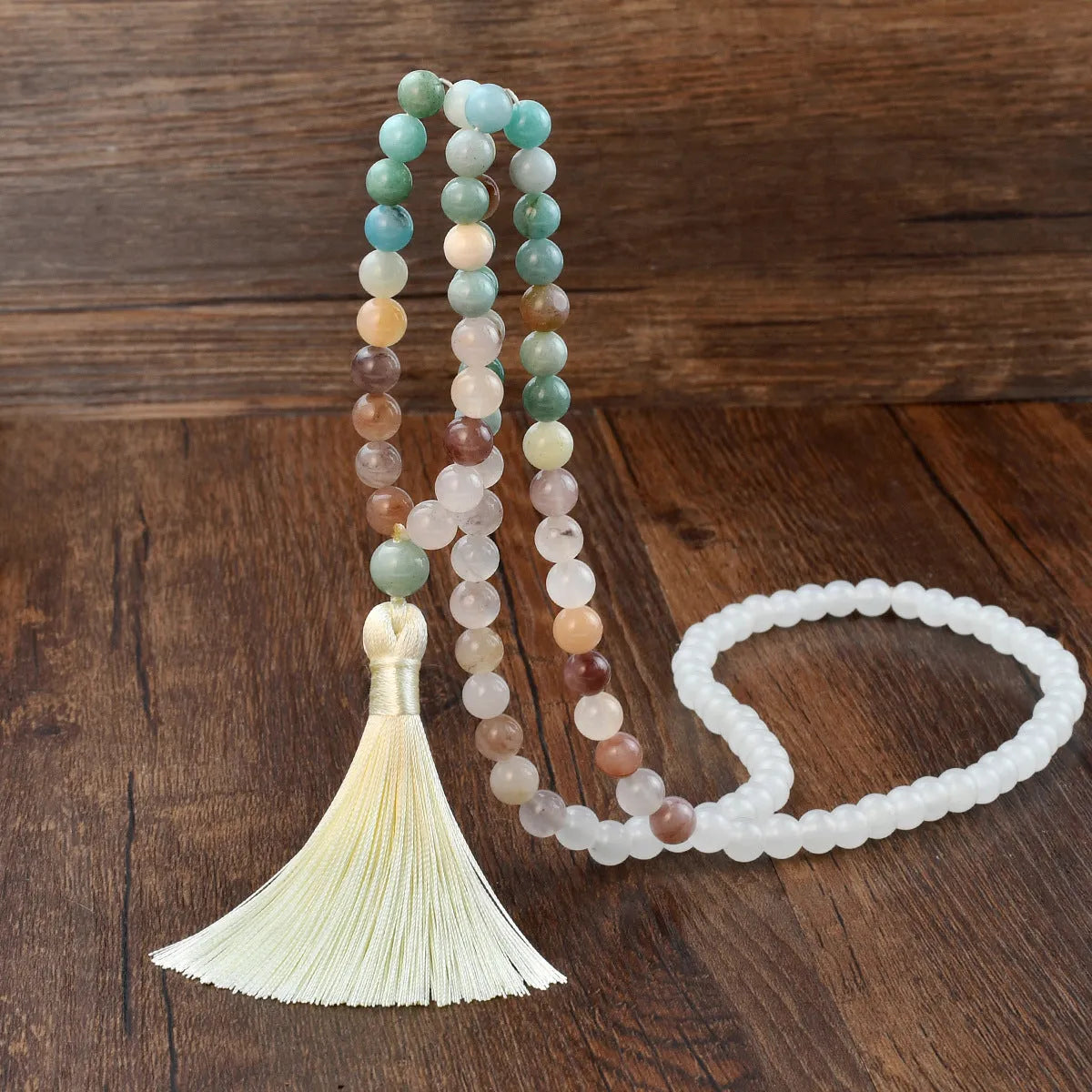 81cm long bohemian necklace with geometric gemstone pendant and 108 natural stone tassels.