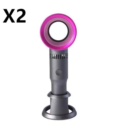 Compact portable bladeless desk fan with USB cable and base, shown in blue.