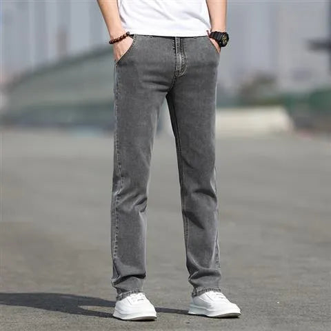 Men's smoky gray low waist straight leg jeans with rabbit fur fabric and high elasticity