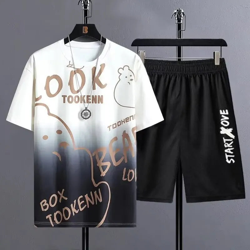 Men's light grey summer suit set with short sleeve T-shirt top and matching shorts on hanger