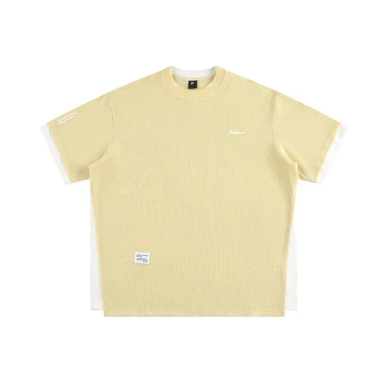 Retro alphabet embroidered loose waffle T-shirt in navy blue, white flower grey, or yellow colours