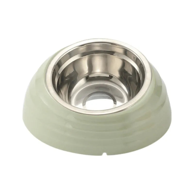 Stainless steel cat bowl on a plastic stand in light green, beige, or brown colour.