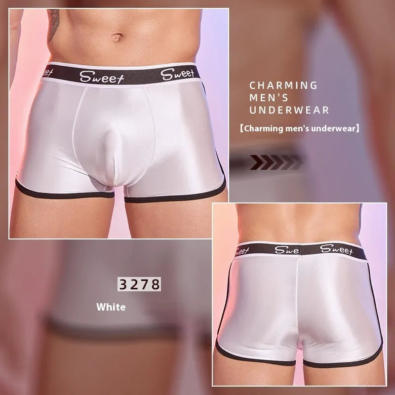 Men's shiny nylon boxers in black, white, and sapphire blue colours