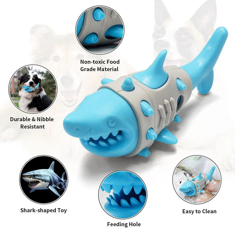 Blue, grey, and yellow shark-tooth shaped dog chew toy with textured surfaces and venting holes.