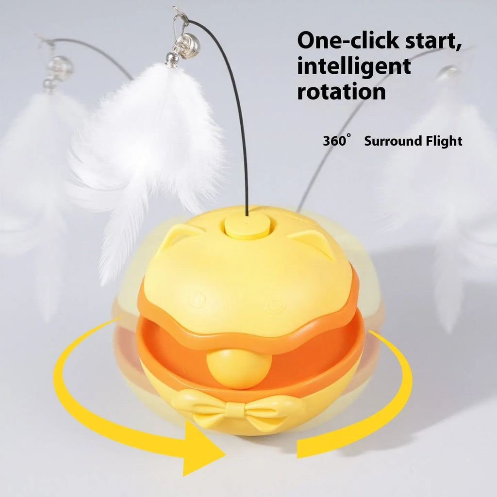 Electric cat toy tumbler with self-hi teaser in lemon yellow, sky blue, or soft fog grey plastic