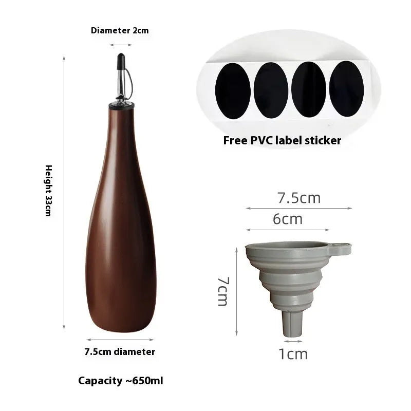 Ceramic oil pot with conical funnel and integrated brush in black, coffee or white colour