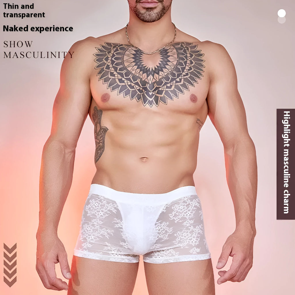 Men's black boxers with lace design detail on a hanger