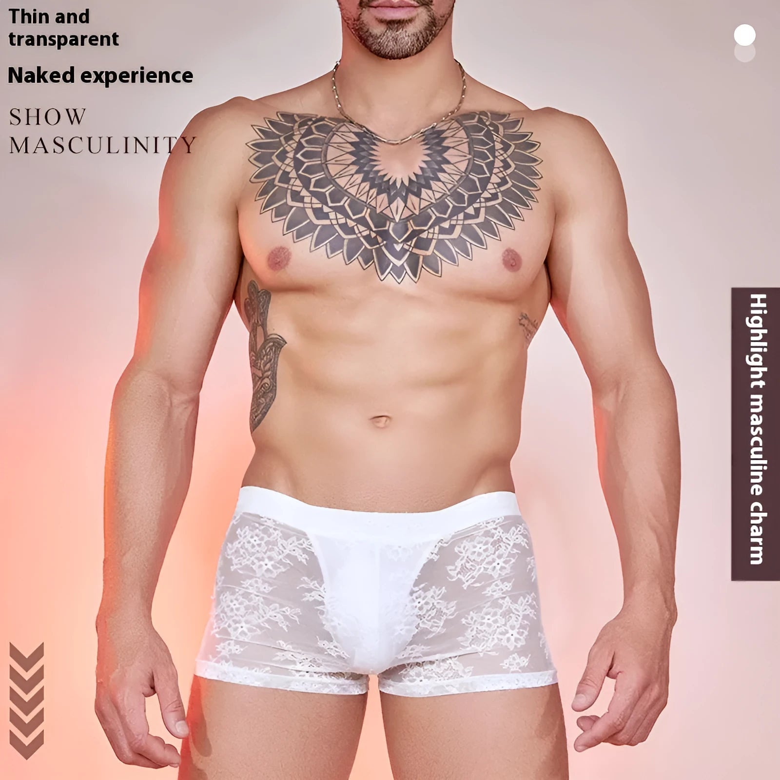 Men's black boxers with lace design detail on a hanger