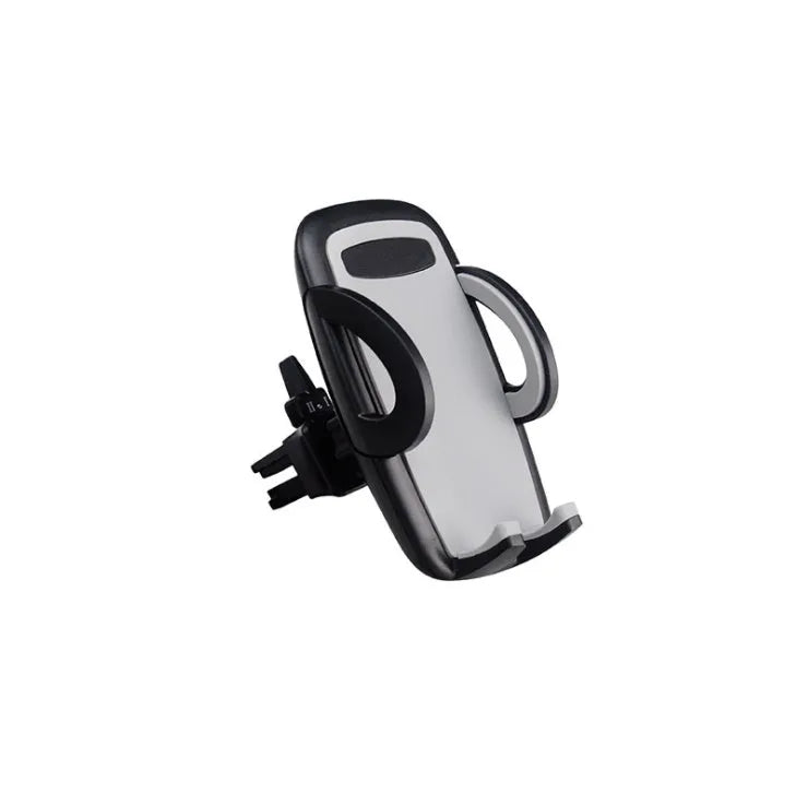 Black plastic car vent phone holder mounted on air conditioning outlet with smartphone