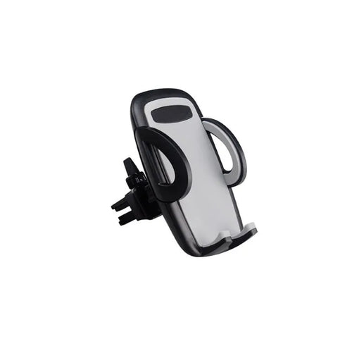 Black plastic car vent phone holder mounted on air conditioning outlet with smartphone