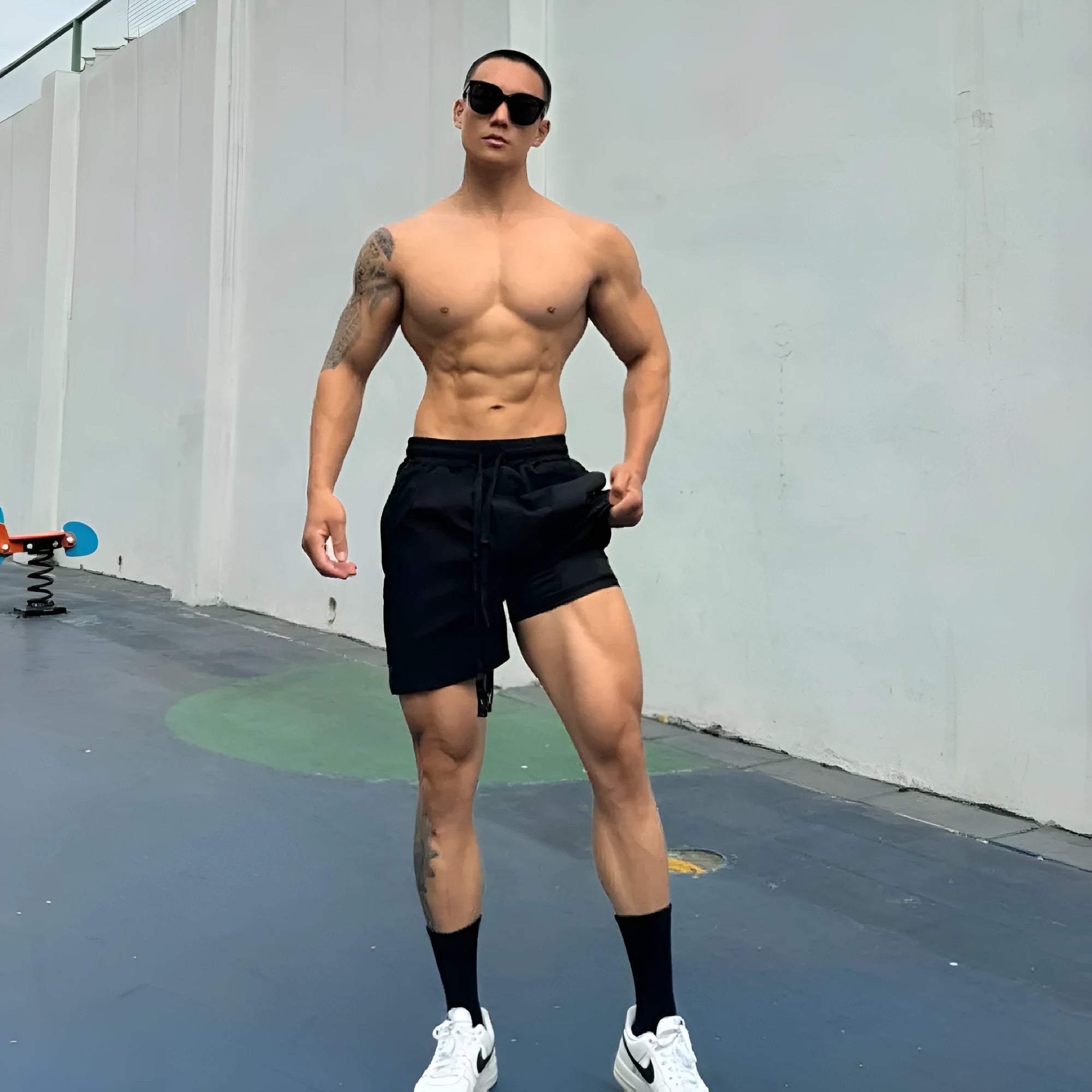 Men's ice silk quick-drying double-layer casual shorts in nylon fabric on a colour swatch background.
