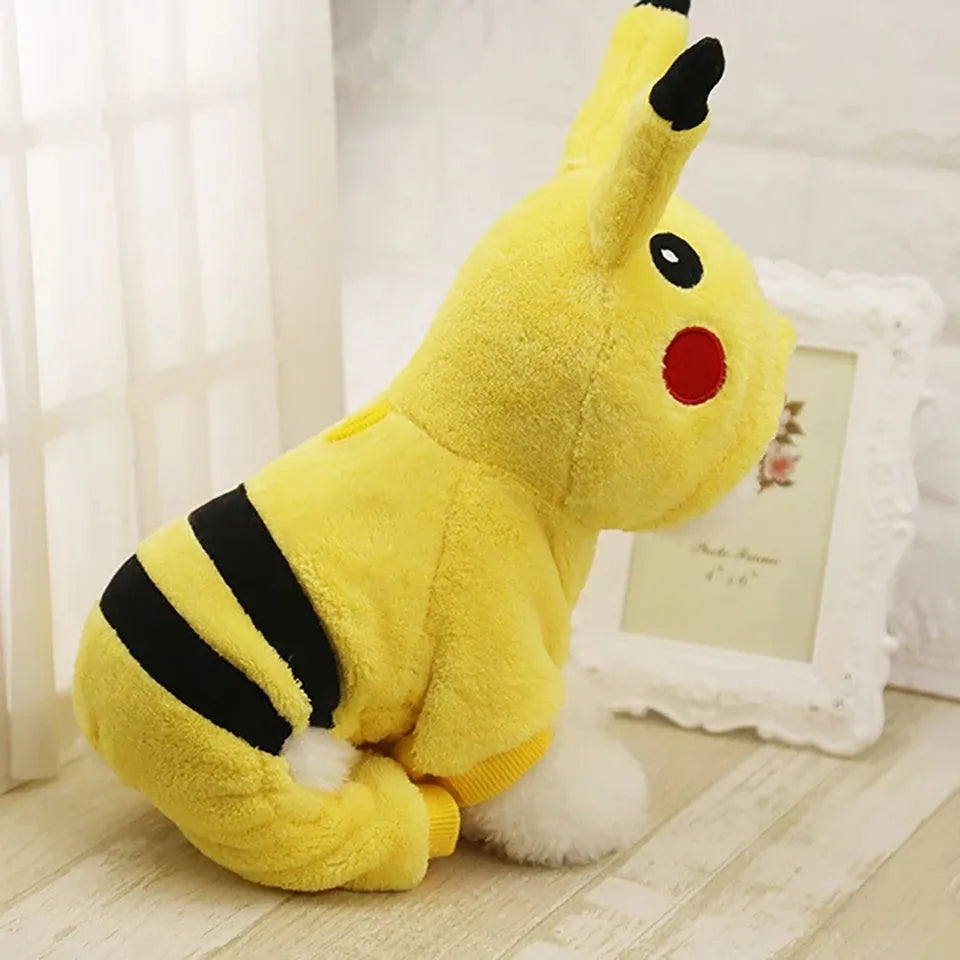 Fleece cat and dog coat with cartoon design on a pet mannequin, showing hoodie style.