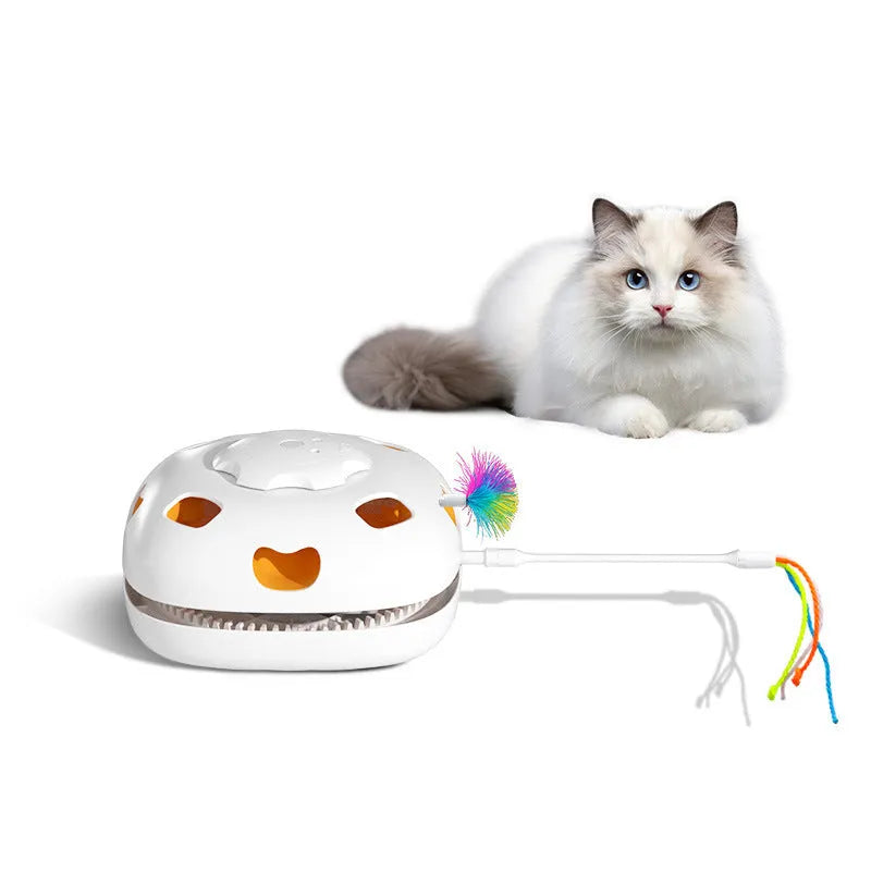 Plastic self-hitting cat teaser toy showing picture colour design and automatic mechanism