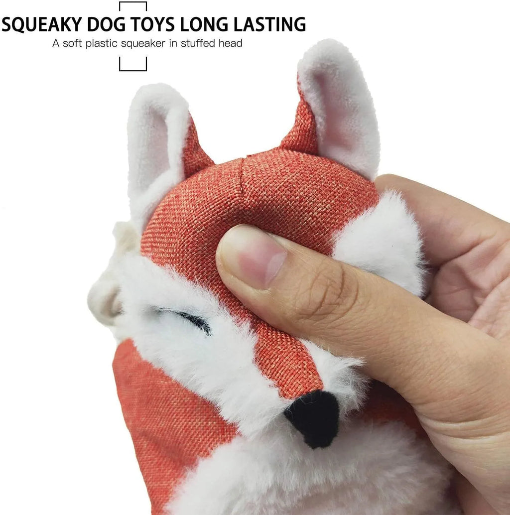 Brown plush fox dog toy with embroidered eyes, cotton rope arms and legs, and a squeaker.