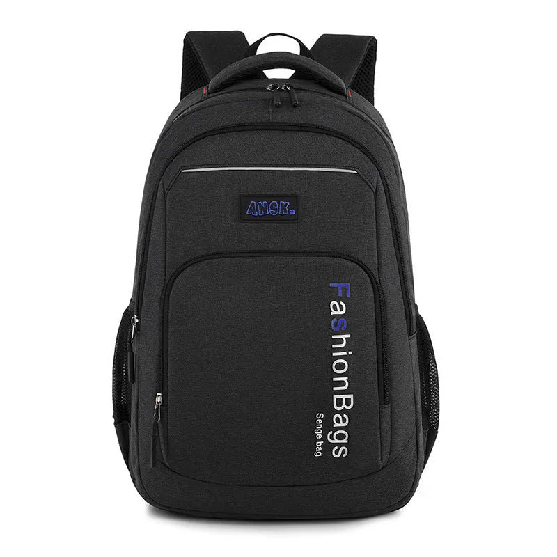 Nylon fashion backpack showing front view with multiple compartments and adjustable shoulder straps
