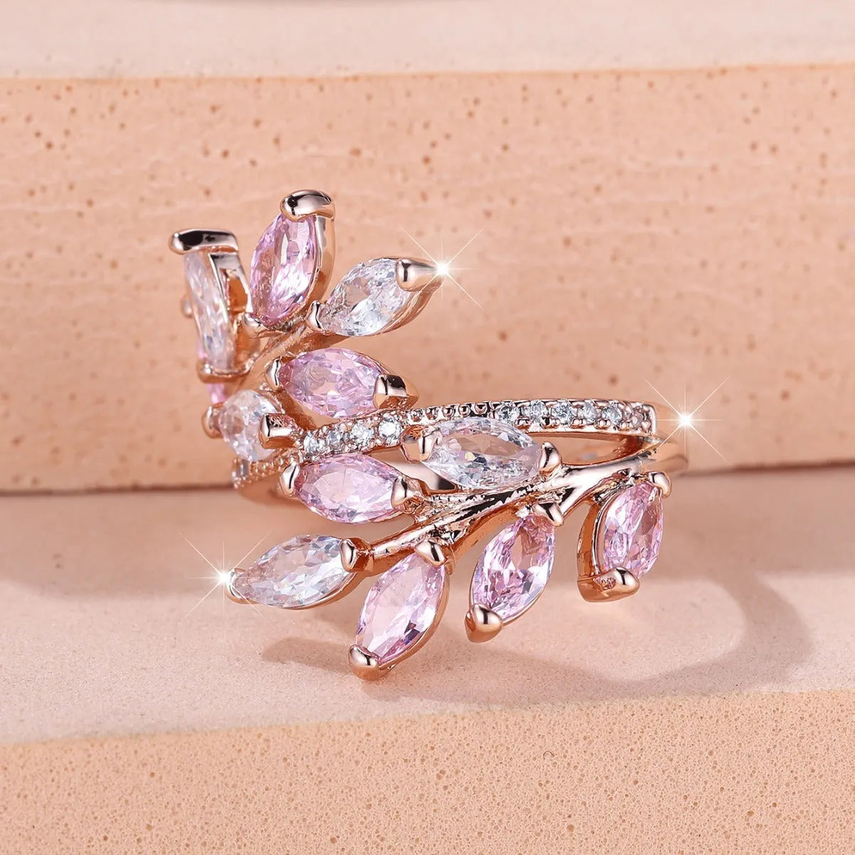 Adjustable copper ring with horse eye zircon stone and leaf design in multiple colour finishes