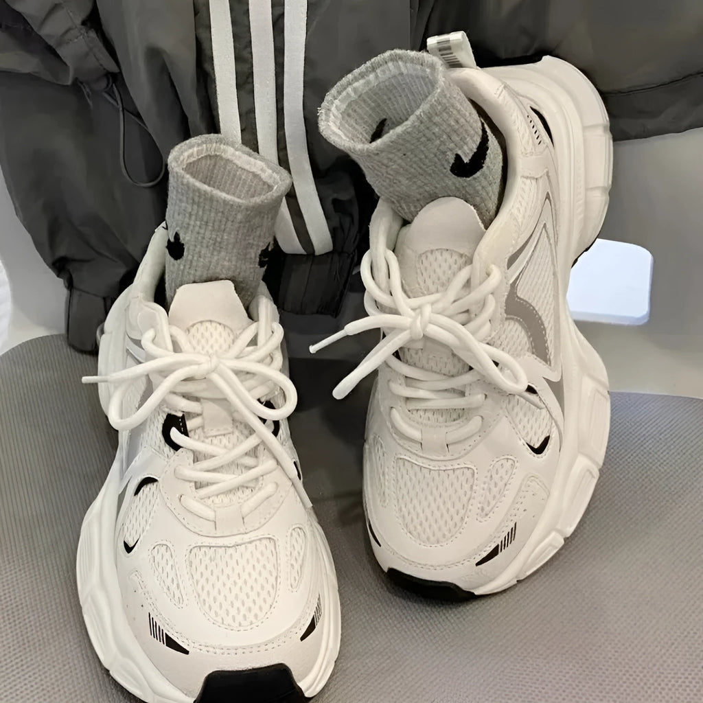 Beige mesh platform casual sports shoes with wedge heel and front lace-up design