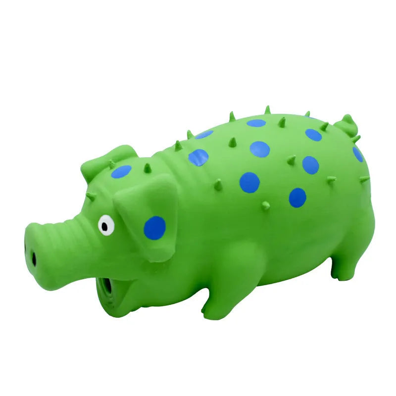 Latex pig-shaped dog chew toy with protruding grain texture in assorted colours