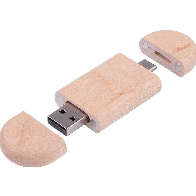 Maple wood carved USB flash drive with Type-C phone connector showing custom engraving