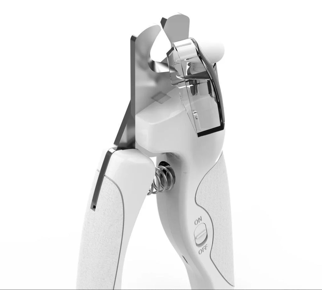 Electric LED pet nail clippers in white with built-in light for safe trimming