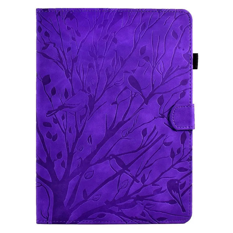 Black imitation leather tablet case with Pachira macrocarpa engraving and built-in viewing bracket open.