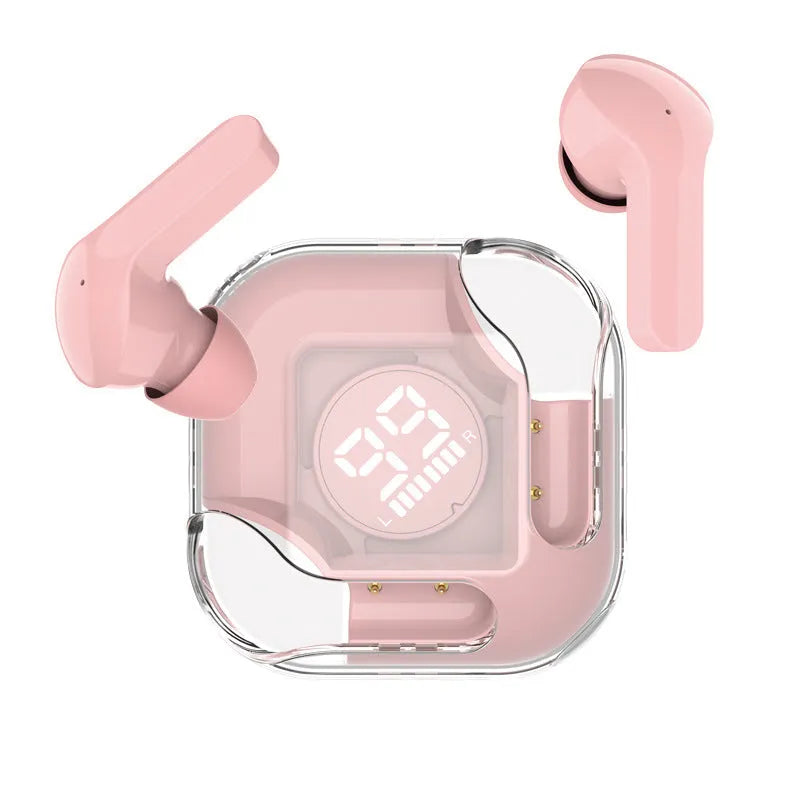 White wireless Bluetooth TWS in-ear headphones with a plastic case on a neutral background.