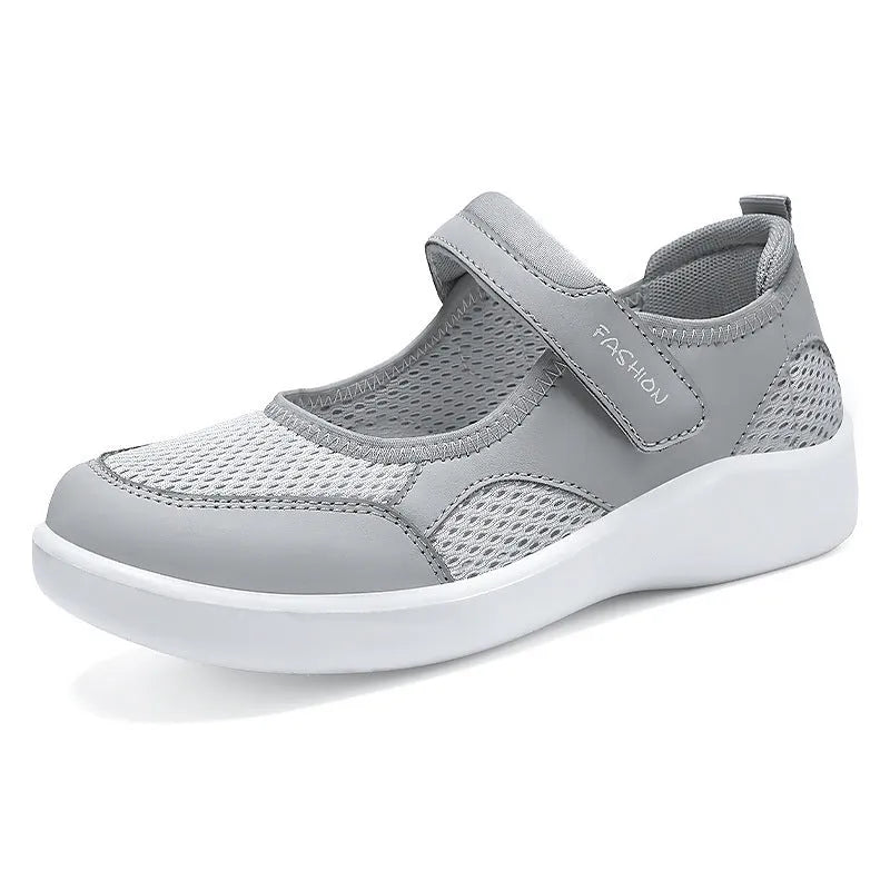 Women's grey mesh casual shoes with Velcro fastening and round toe for leisure wear